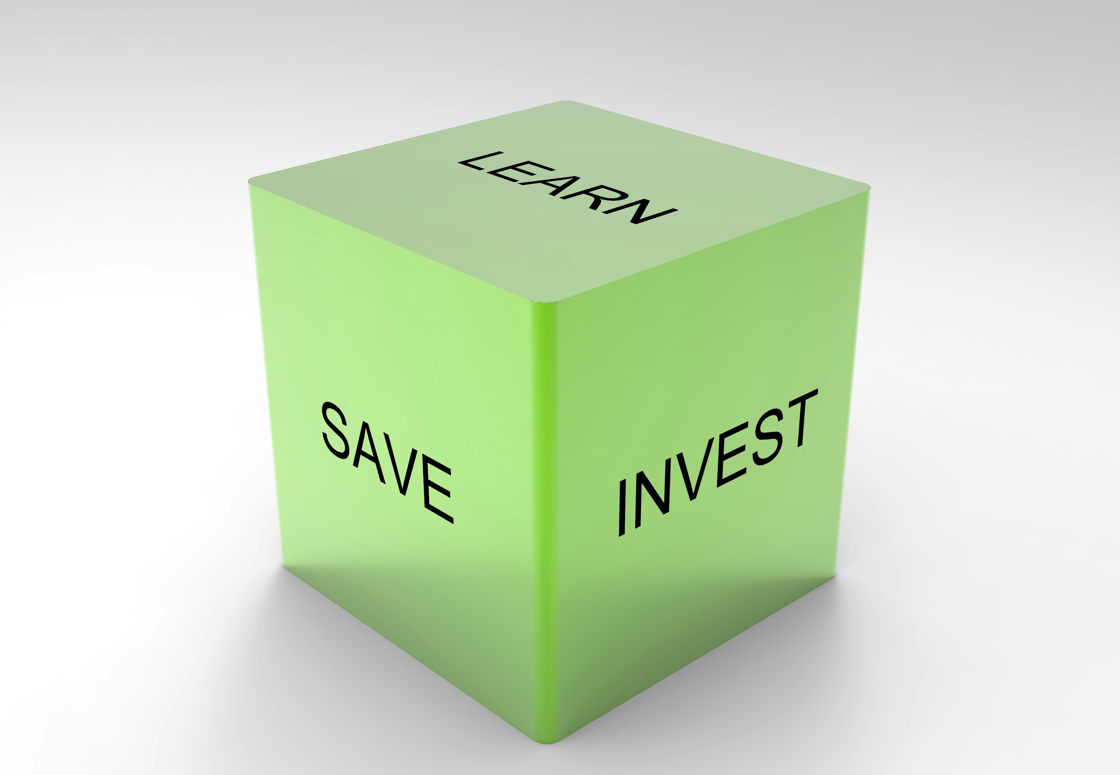 A green 3D cube with the words 'LEARN', 'SAVE', and 'INVEST' on its visible sides, set against a plain white background.